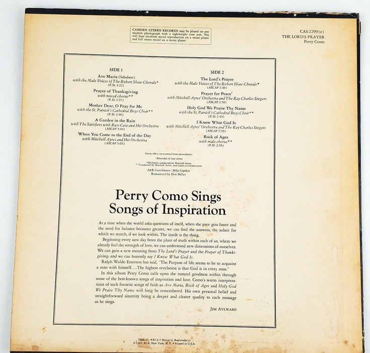 Perry Como The Lord's Prayer Record 33 RPM LP CAS-2299 Camden 1969 2