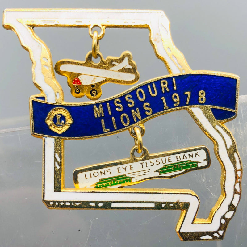 Vintage Lions Club Lapel Pin Missouri State Outline Lions Eye Tissue Bank Plane
