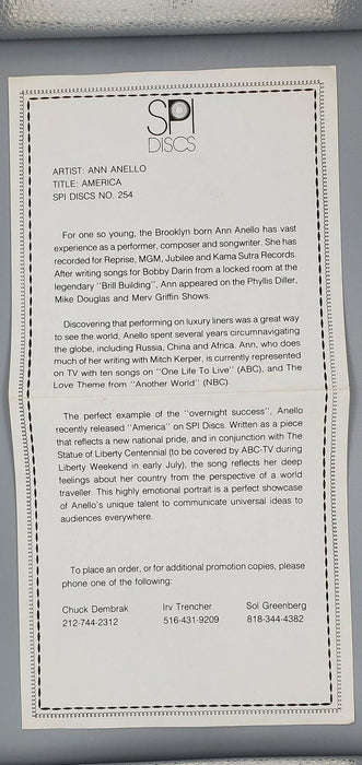 Ann Anello America Single Record SPI Discs 1986 SPI 254-1 Promo Insert 3