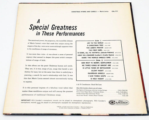 Mario Lanza Christmas Hymns And Carols 33 RPM LP Record RCA 1963 2