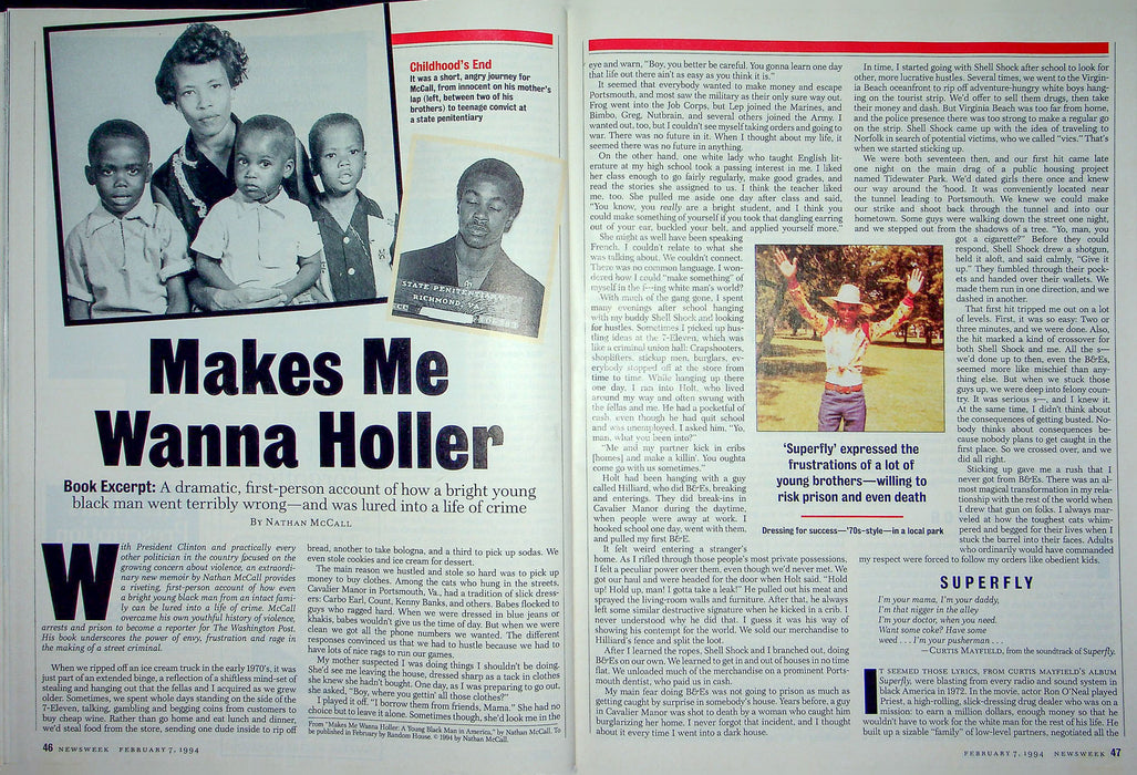 Newsweek Magazine Feb 7 1994 Makes Me Wanna Holler Nathan McCall Curtis Mayfield