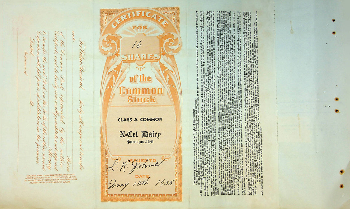 X-Cel Dairy Company Stock Certificate Bond Scripophilly Akron Ohio 1935 No 11