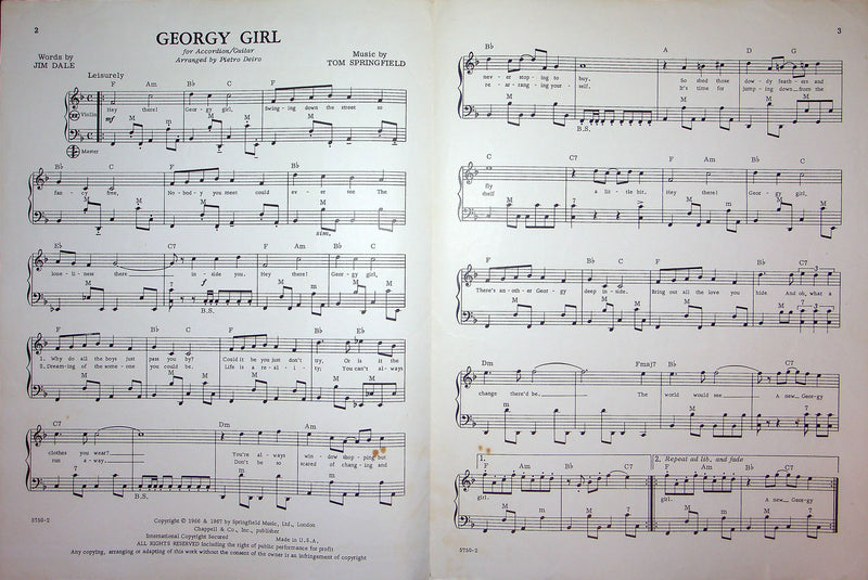 Sheet Music Georgy Girl Movie Song Alan Bates James Mason Jim Dale T Springfield 2