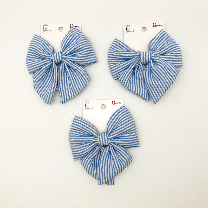 3-Piece Scunci Bow Hair Clip Blue Striped Lightweight Large Summer Wear 12513