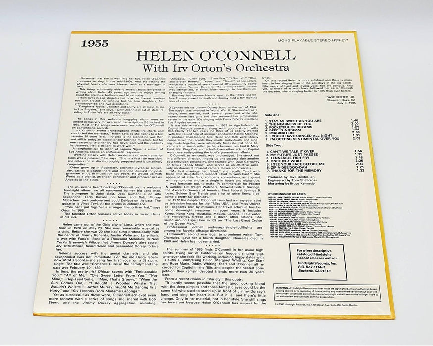 Helen O'connell The Uncollected 1955 LP Record Hindsight Records 1985 HSR-217 2