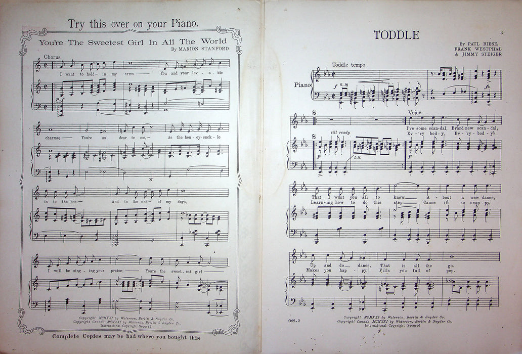 Sheet Music Toddle Paul Biese Frank Westphal Jimmy Steiger 1921 Piano Song 2