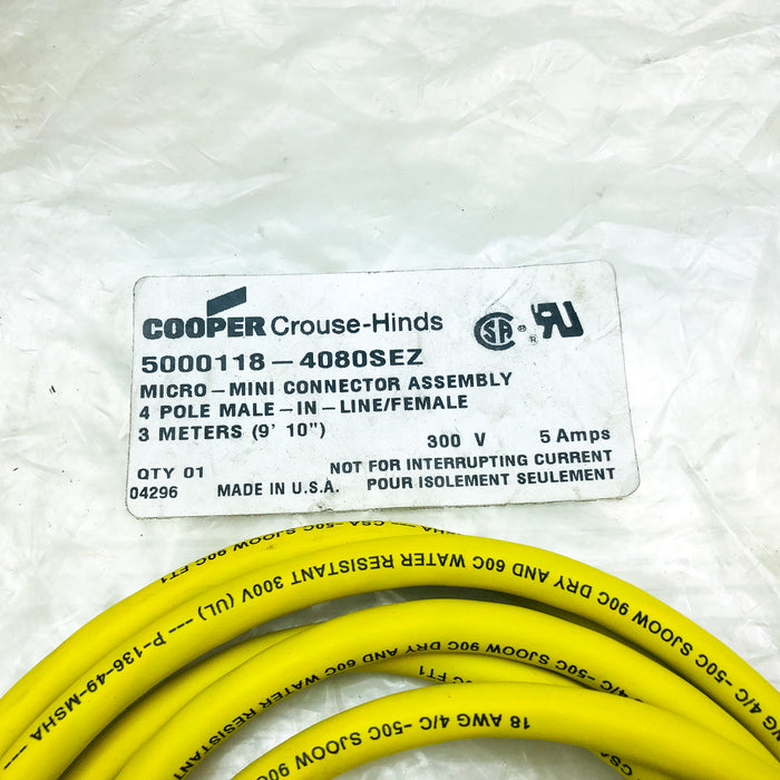 Crouse Hinds Micro Mini Connector Assembly 5000118-4080SEZ Wire 4 Pole 3 Meters