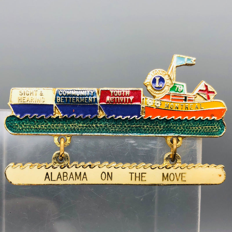 Vintage Lions Club Lapel Pin Pinback Alabama Montreal Canada Tugboat On The Move
