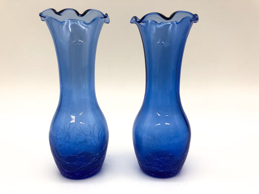 Pair of Vintage Crackle Glass Vases Blue Cobalt Ruffled Rim Flared Top 5" 2