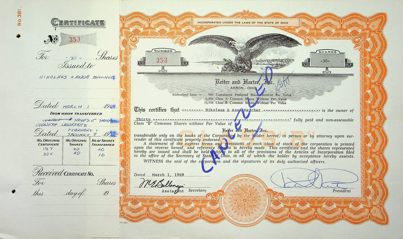 Reiter Dairy Company Stock Certificate Bond Scripophilly Akron Ohio 1969 No 353