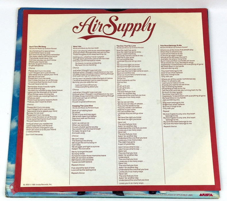 Air Supply The One That You Love Record 33 RPM LP AL 9551 Arista 1981 3