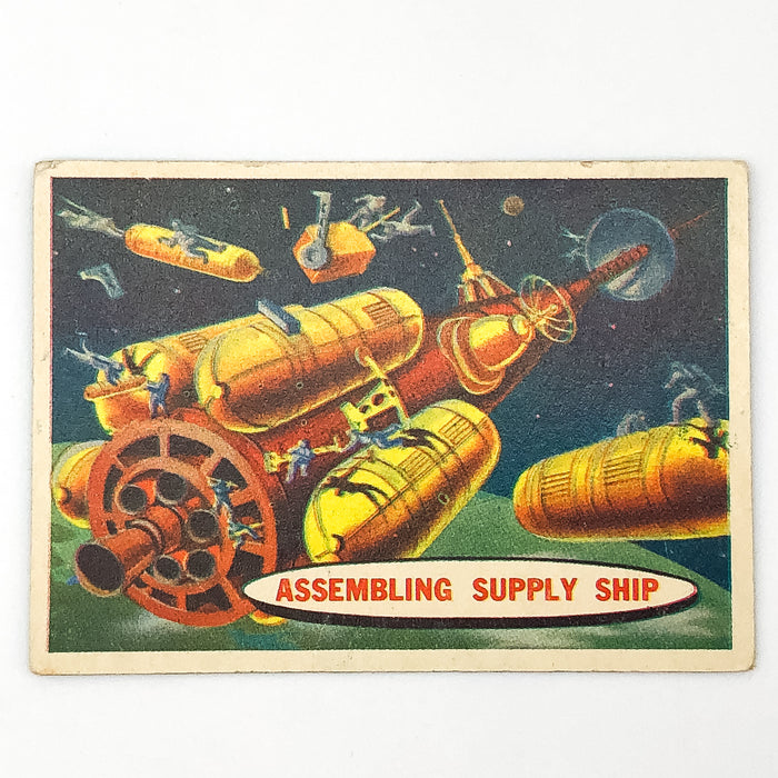 1957 Topps Space Card #54 Assembling Supply Ship Chewing Gum Moon Cartoon Art