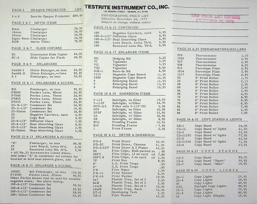 1977 Testrite Photography Equipment Catalog Projectors, Enlargers w/ Price List