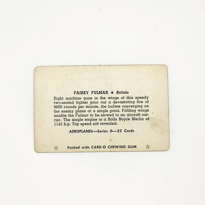 Card-O Chewing Gum Airplane Cards Fairey Fulmer Series D Britain World War 2 5