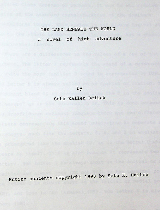 The Land Beneath the World A Novel of High Adventure Seth Kallen Deitch 1993 2