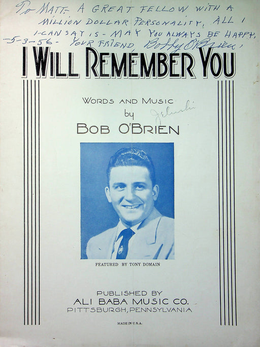 Tony Domain Sheet Music I Will Remember You 1953 Bob O'Brien Signed Piano Vocal 1