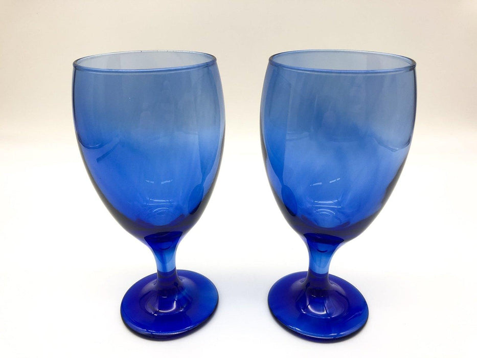 Pair of Vintage Blue Wine Glasses Crystal Teardrop Mediterranean Hand Blown 7" 5