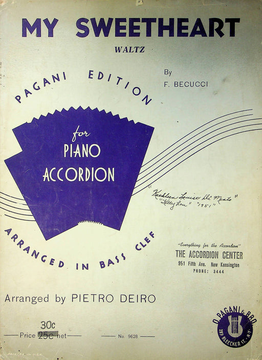 Vintage Sheet Music Accordion Piano My Sweetheart Watlz F Becucci Pietro Deiro 1