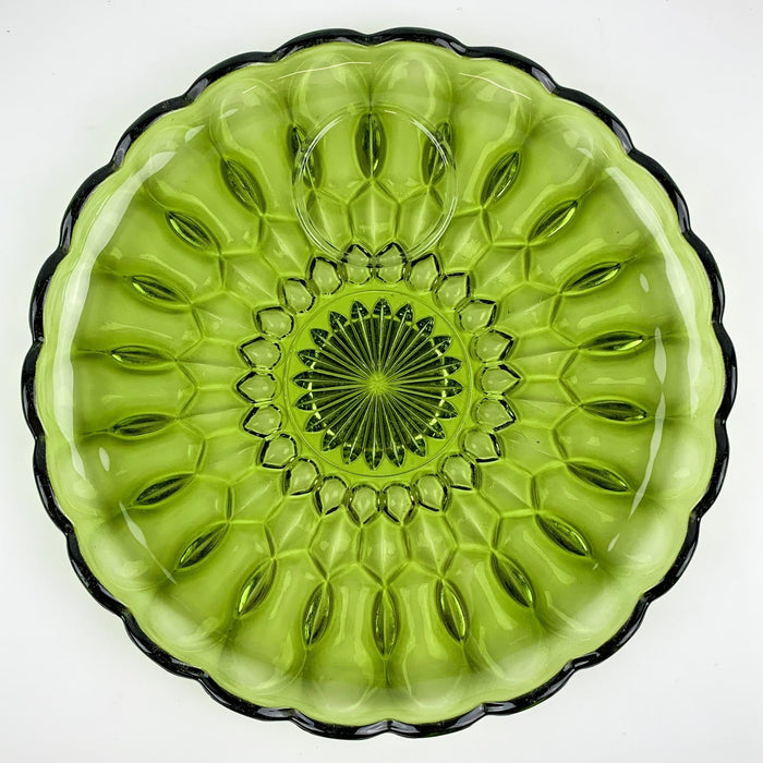 Vintage Green Pressed Glass Chip Dip Round Serving Tray 10" Inch 2