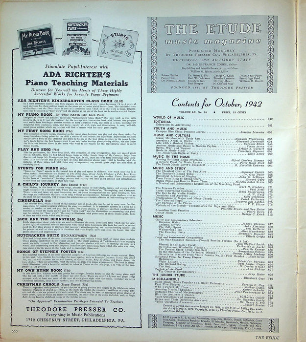 The Etude Music Magazine Oct 1942 Vol LX No 10 Educate Advertising, Sheet Music 2